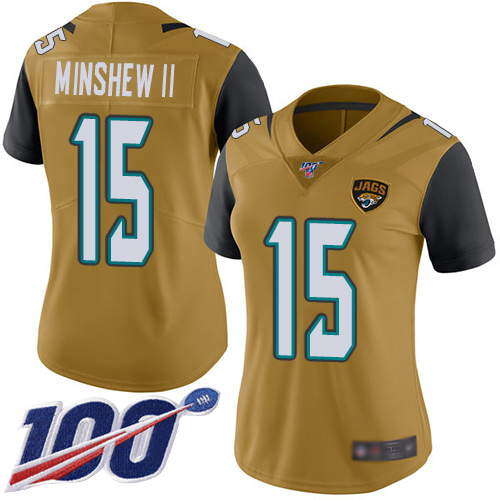 Nike Jacksonville Jaguars 15 Gardner Minshew II Gold Women Stitched NFL Limited Rush 100th Season Jersey